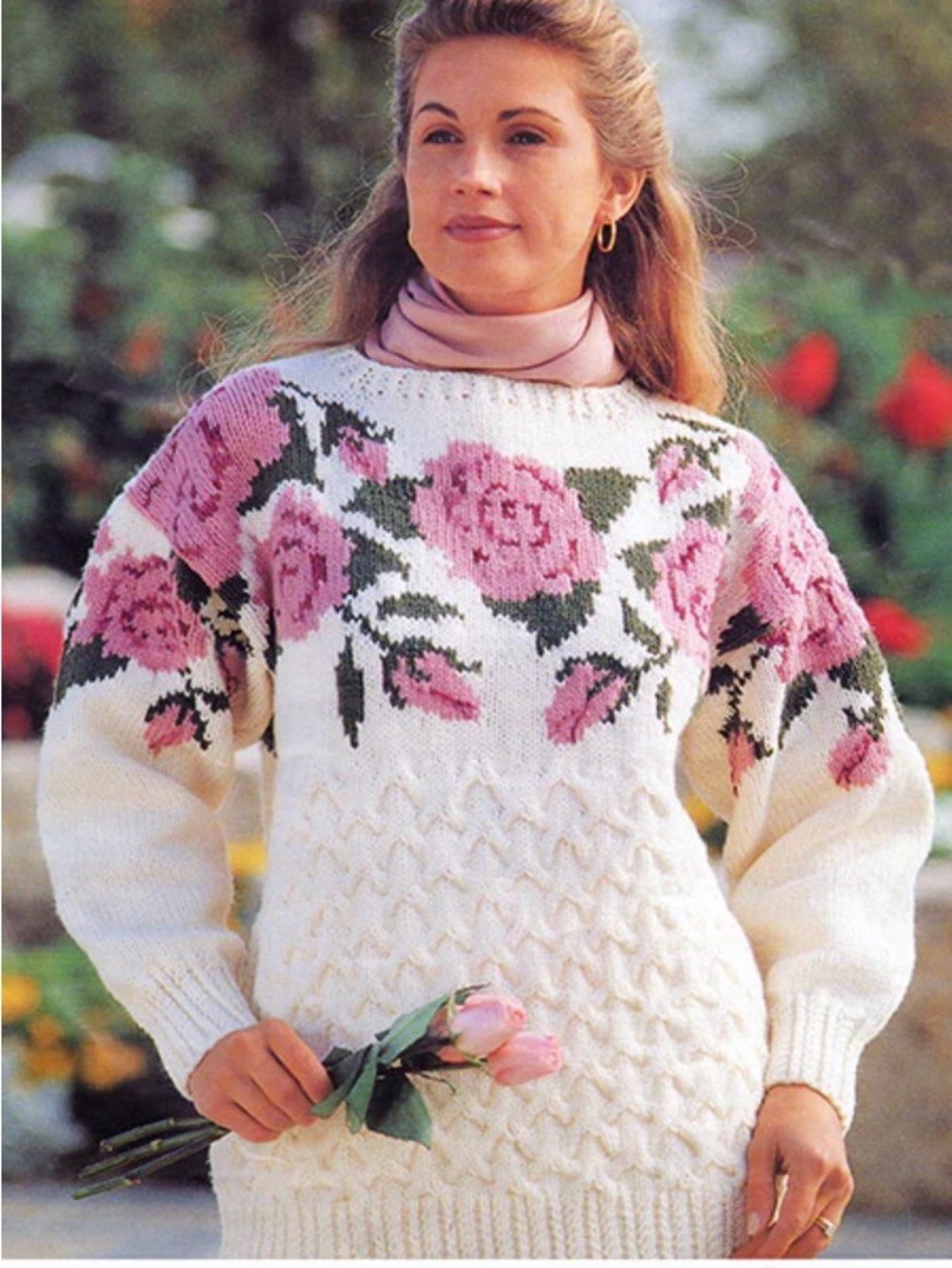 MARY MAXIM Roses and Cables Pullover Knit Sweater Handknit Cottagecore Handknit